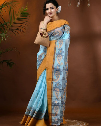 DESH BIDESH Blue Paisley Pure Cotton Taant Saree with Solid Border and Orange Pallu for Women