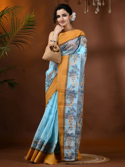 DESH BIDESH Blue Paisley Pure Cotton Taant Saree with Solid Border and Orange Pallu for Women