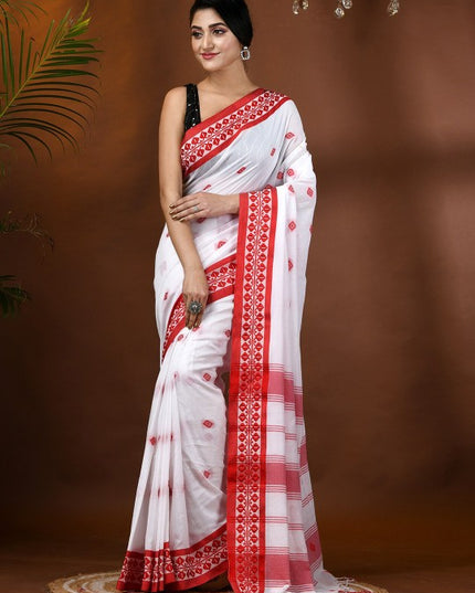 Exquisite White & Red Woven Design Pure Cotton Taant Saree for Women