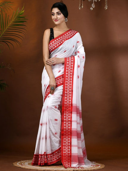 Exquisite White & Red Woven Design Pure Cotton Taant Saree for Women
