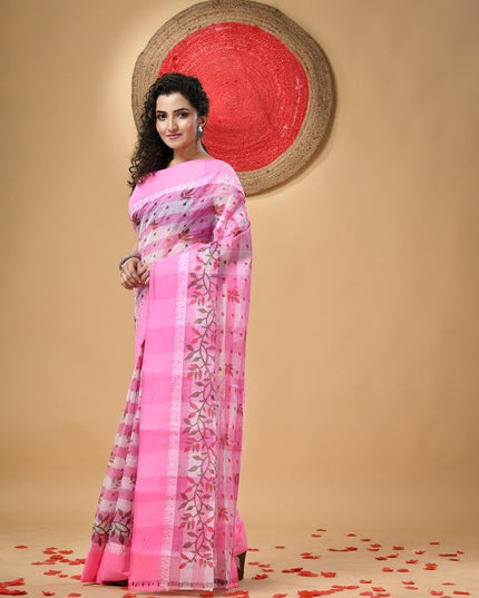 DESH BIDESH Pink Floral Pure Cotton Block Print Saree without Blouse
