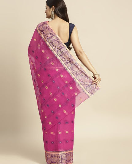 DESH BIDESH Pink & Purple Ethnic Motifs Pure Cotton Taant Saree