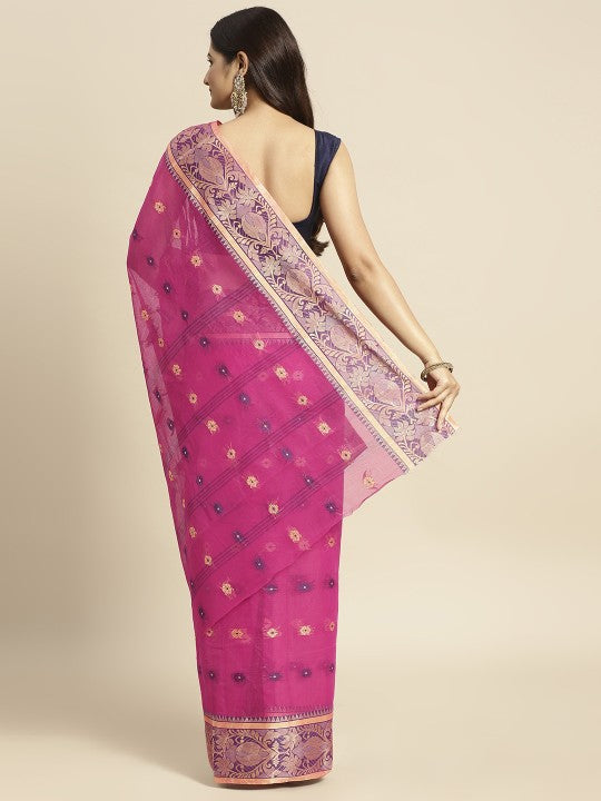 DESH BIDESH Pink & Purple Ethnic Motifs Pure Cotton Taant Saree