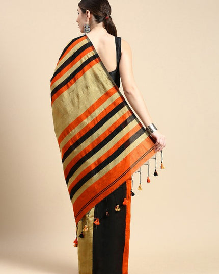 DESH BIDESH Elegant Ghicha Cotton Striped Saree with Unstitched Blouse Piece