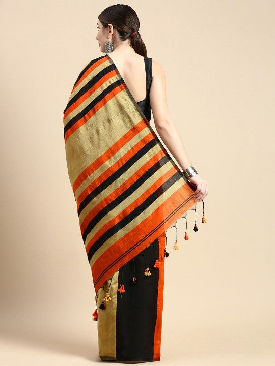 DESH BIDESH Elegant Ghicha Cotton Striped Saree with Unstitched Blouse Piece