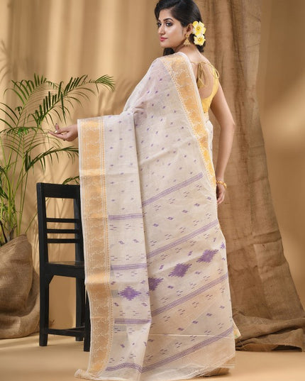 DESH BIDESH White Purple Woven Design Zari Pure Cotton Block Print Saree