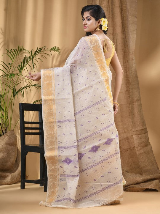 DESH BIDESH White Purple Woven Design Zari Pure Cotton Block Print Saree