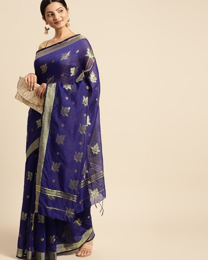 DESH BIDESH Navy Blue & Golden Ethnic Motifs Pure Cotton Muga Saree