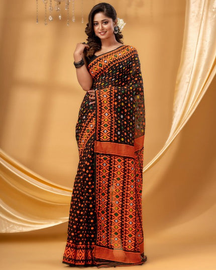 DESH BIDESH Floral Woven Pure Cotton Jamdani Saree for Women