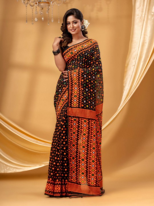 DESH BIDESH Floral Woven Pure Cotton Jamdani Saree for Women