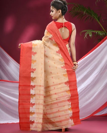 DESH BIDESH Beige & Red Woven Design Pure Cotton Saree