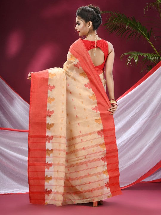 DESH BIDESH Beige & Red Woven Design Pure Cotton Saree