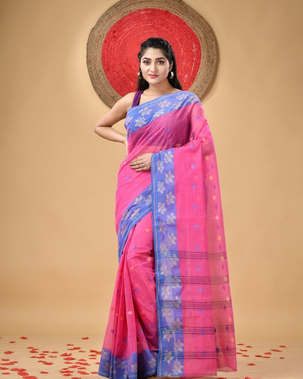 Pink Pure Handloom Cotton Saree with Leaf Woven Design and Taant Borders