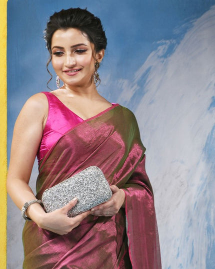 DESH BIDESH Magenta & Gold-Toned Tissue Taant Saree for Women - Traditional Weave with No Border