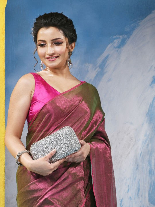 DESH BIDESH Magenta & Gold-Toned Tissue Taant Saree for Women - Traditional Weave with No Border