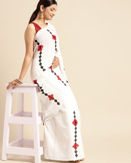 DESH BIDESH White & Black Printed Pure Cotton Taant Saree