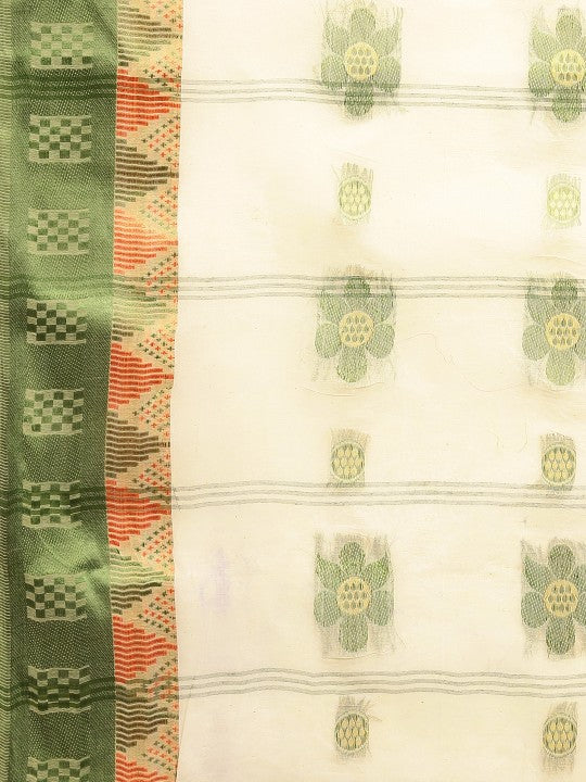 DESH BIDESH Off White & Green Ethnic Motifs Pure Cotton Taant Saree