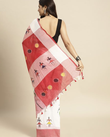 DESH BIDESH White & Red Warli Pure Cotton Taant Saree