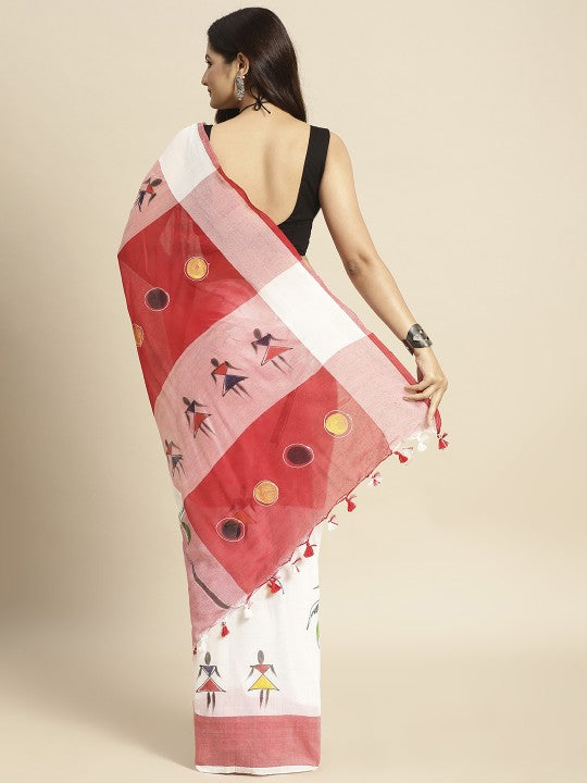 DESH BIDESH White & Red Warli Pure Cotton Taant Saree