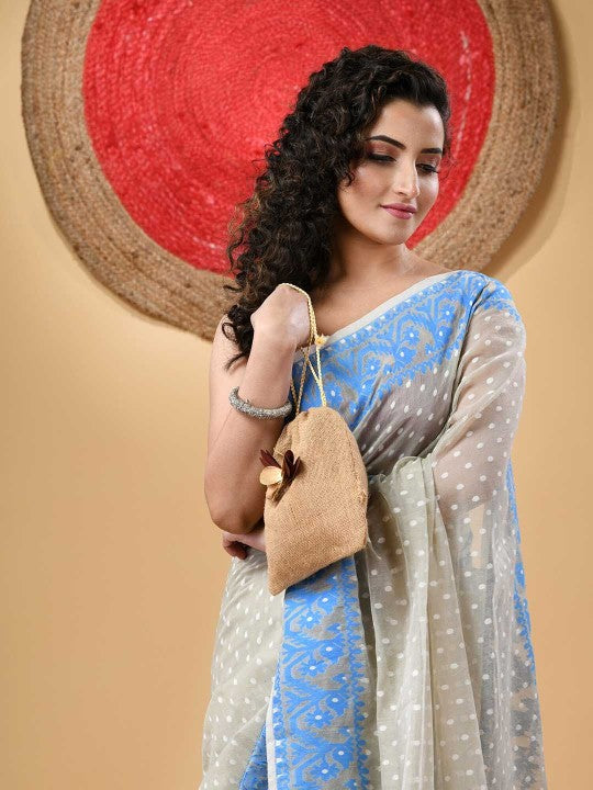 DESH BIDESH Woven Design Polka Dots Jamdani Saree for Women