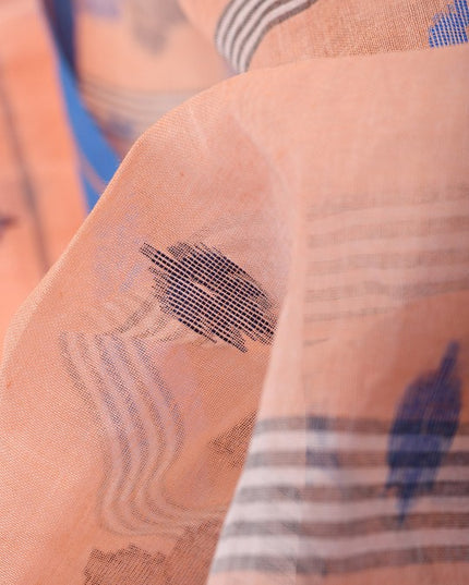 Exquisite Peach & Blue Pure Handloom Cotton Tant Saree with Woven Leaf Design