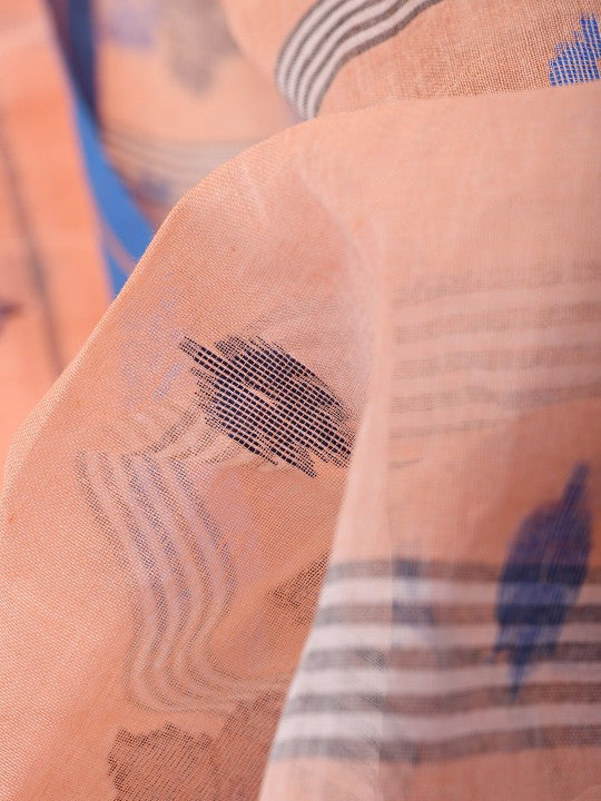 Exquisite Peach & Blue Pure Handloom Cotton Tant Saree with Woven Leaf Design