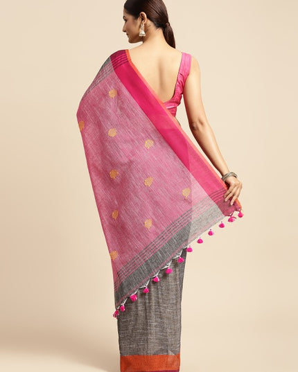 DESH BIDESH Charcoal Grey & Pink Geometric Design Pure Cotton Taant Saree