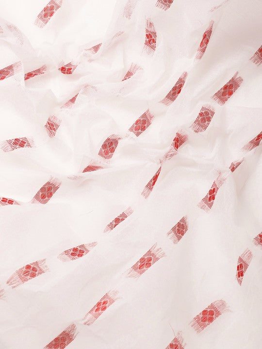 DESH BIDESH Red & White Ethnic Motifs Pure Cotton Taant Saree