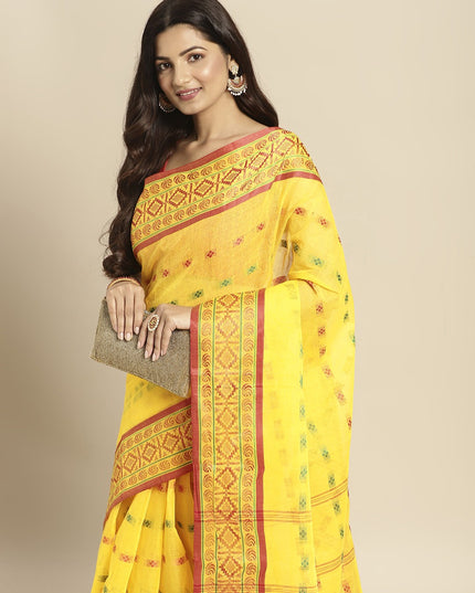 DESH BIDESH Yellow & Pink Ethnic Motifs Pure Cotton Taant Saree