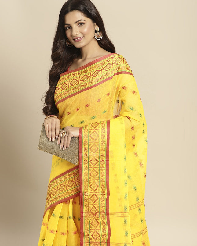 DESH BIDESH Yellow & Pink Ethnic Motifs Pure Cotton Taant Saree