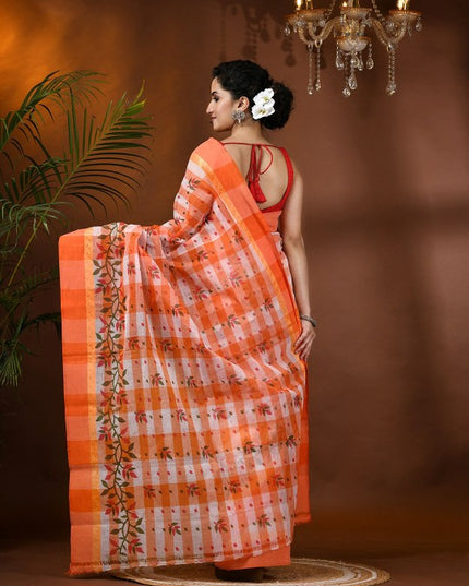 DESH BIDESH Women's Orange & White Pure Cotton Block Print Saree
