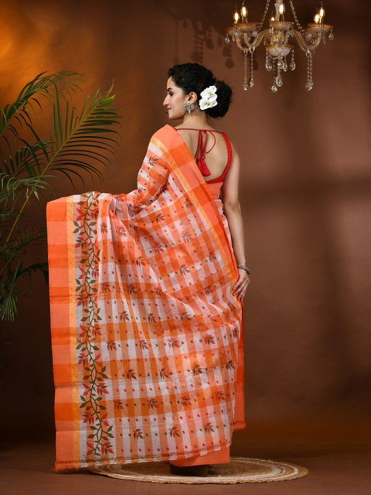 DESH BIDESH Women's Orange & White Pure Cotton Block Print Saree