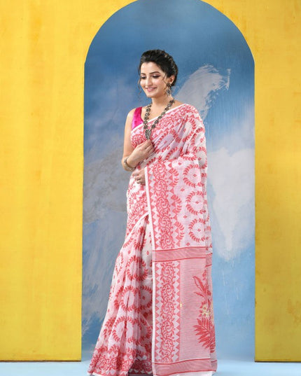 Exquisite Red & White Woven Design Jamdani Saree with Elegant Floral Patterns