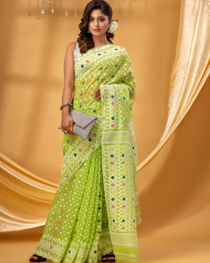 DESH BIDESH Green & White Ethnic Motifs Woven Pure Cotton Jamdani Saree