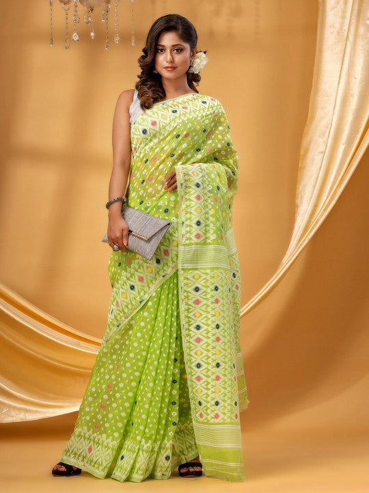 DESH BIDESH Green & White Ethnic Motifs Woven Pure Cotton Jamdani Saree