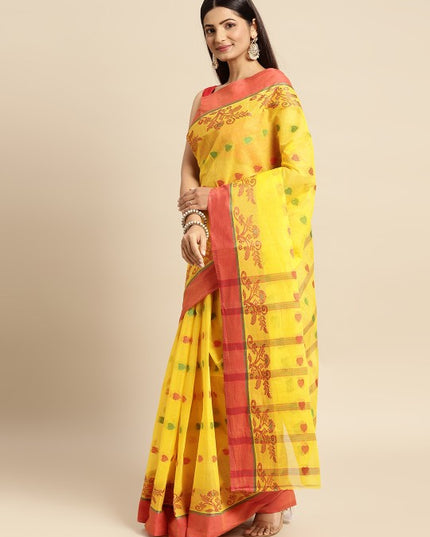 DESH BIDESH Yellow & Red Ethnic Motifs Pure Cotton Taant Saree