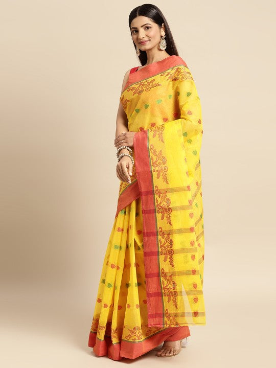 DESH BIDESH Yellow & Red Ethnic Motifs Pure Cotton Taant Saree