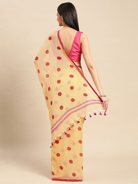 DESH BIDESH Polka Dots Pure Cotton Taant Saree