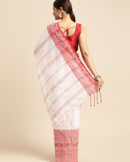 DESH BIDESH White & Red Solid Pure Cotton Taant Saree