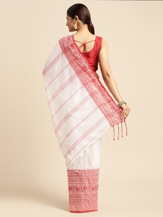 DESH BIDESH White & Red Solid Pure Cotton Taant Saree