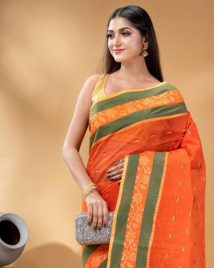 DESH BIDESH Ethnic Motifs Woven Design Zari Pure Cotton Taant Saree