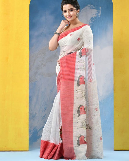 DESH BIDESH Ethnic Motifs Embroidered Pure Cotton Khadi Saree