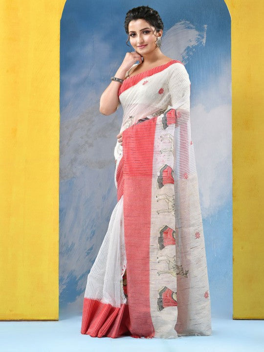 DESH BIDESH Ethnic Motifs Embroidered Pure Cotton Khadi Saree