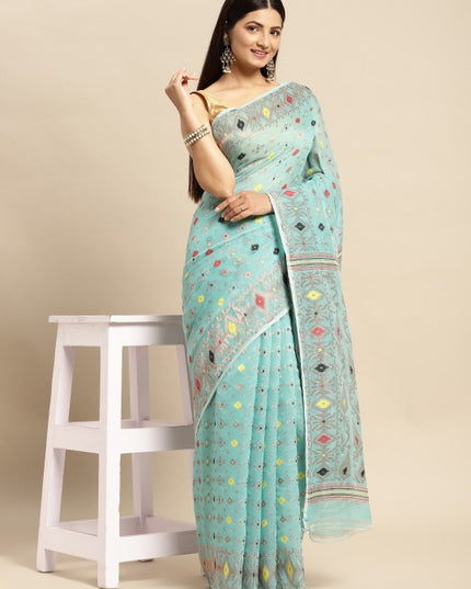 DESH BIDESH Blue & Black Woven Design Pure Cotton Jamdani Saree