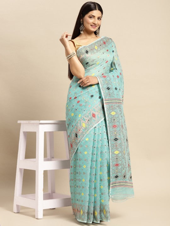 DESH BIDESH Blue & Black Woven Design Pure Cotton Jamdani Saree