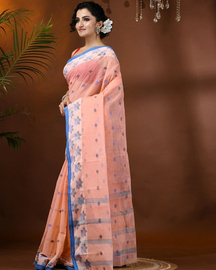 Exquisite Peach & Blue Pure Handloom Cotton Tant Saree with Woven Leaf Design