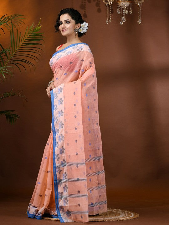 Exquisite Peach & Blue Pure Handloom Cotton Tant Saree with Woven Leaf Design