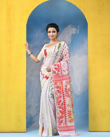 Exquisite Handloom Cotton Blend Soft Dhakai Jamdani Saree with Woven Design