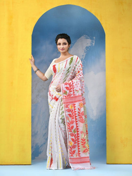 Exquisite Handloom Cotton Blend Soft Dhakai Jamdani Saree with Woven Design