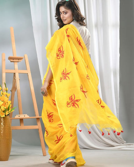 DESH BIDESH Yellow and Red Embroidered Saree with Blouse Piece for Women